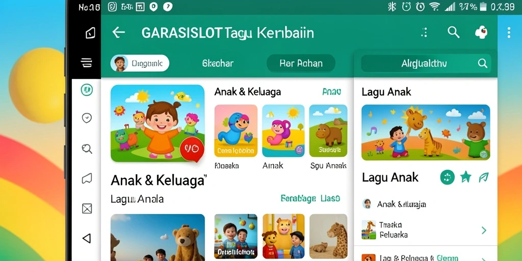 Antarmuka pengguna GARASISLOT yang ceria dan interaktif untuk Lagu Anak.